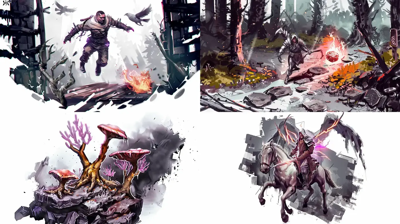 Dynamic Fantastical Scenes with a Gritty Aesthetic and Playful Color - Midjourney sref style