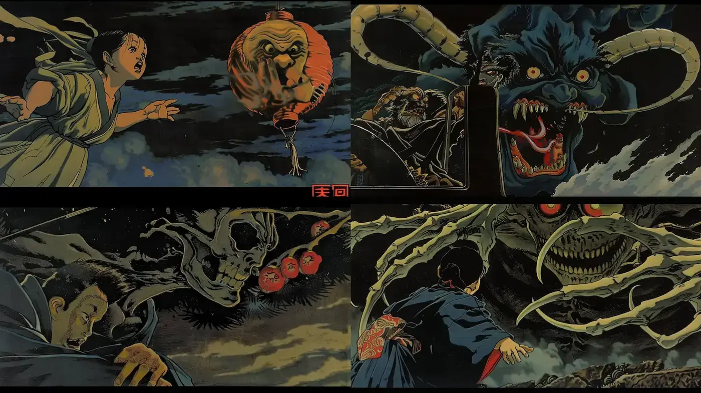 Dynamic Narrative Composition with Dark Fantasy Elements in a Graphic Novel Aesthetic - Midjourney sref style