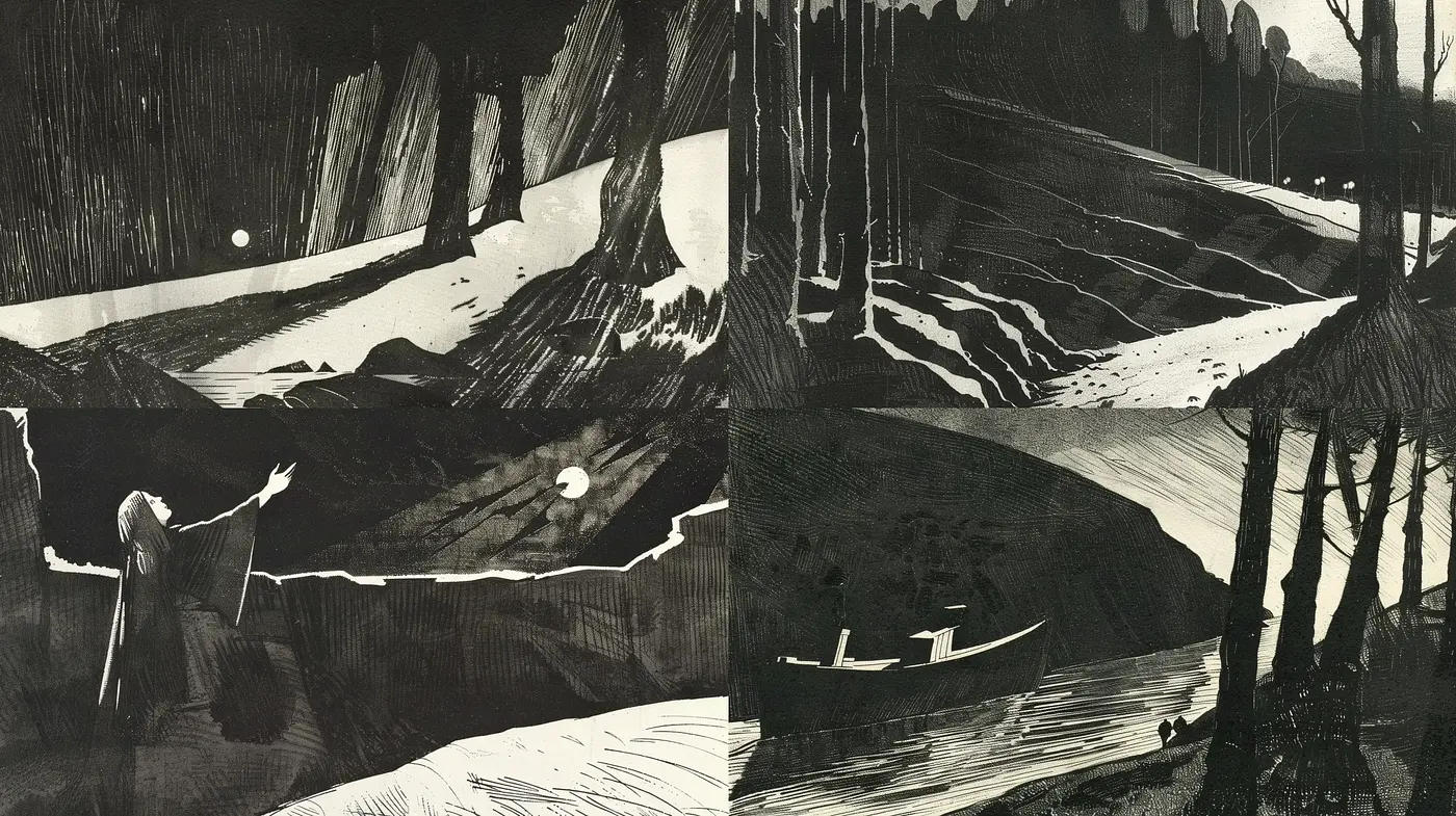 Monochromatic Nocturnal Vignettes: Textured Shadows and Light Interplay - Midjourney sref style