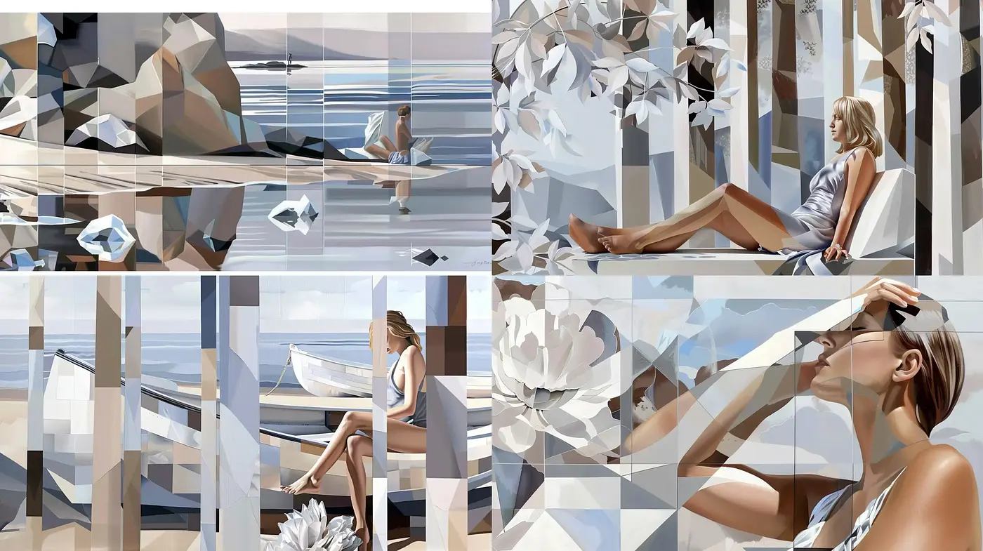 Fragmented Serenity in Geometric Repose - Midjourney sref style