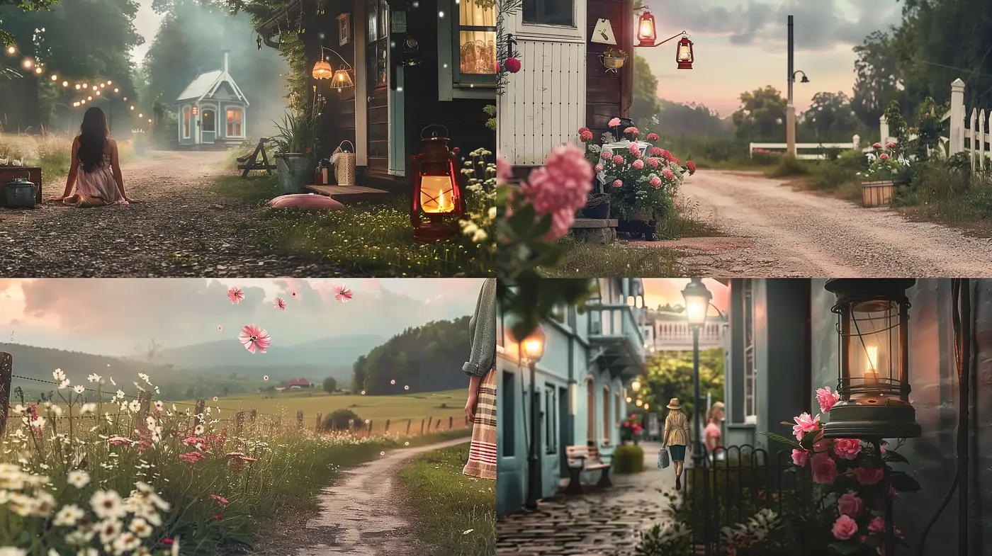 Idyllic Pastoral Serenity: A Harmonious Blend of Rustic Charm and Romanticized Nature - Midjourney sref style