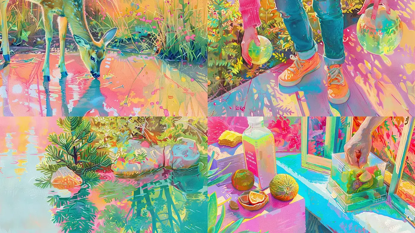 Colorful and Surreal Nature Scenes with a Playful, Dreamlike Quality - Midjourney sref style