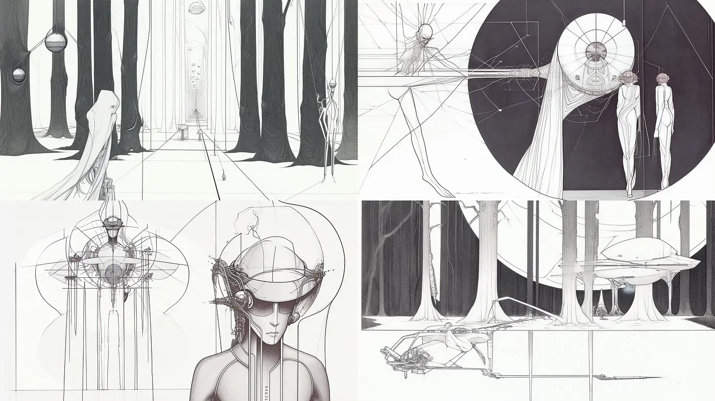 Monochromatic Fusion of Futurism and Surrealism - Midjourney sref style