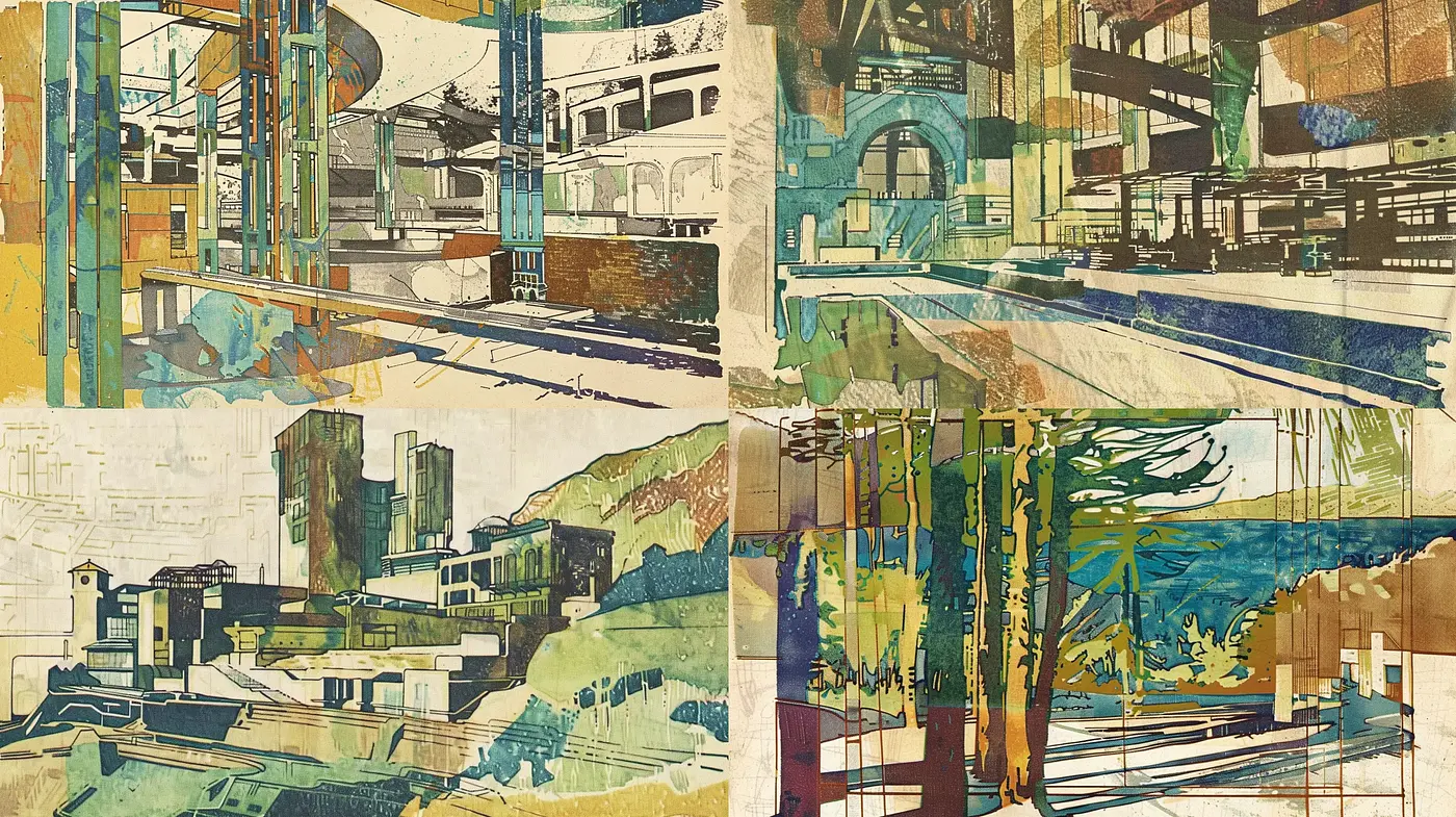 Abstract Architectural Collage with Retrofuturistic Undertones - Midjourney sref style