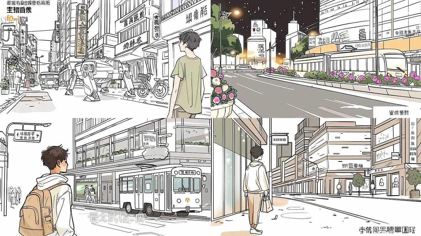 Urban sketch with modernist influences and playful whimsy - Midjourney sref style