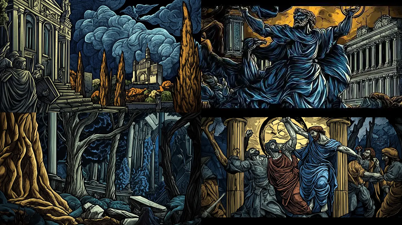 Epic Scenes in Vivid Noir with Baroque Undertones - Midjourney sref style