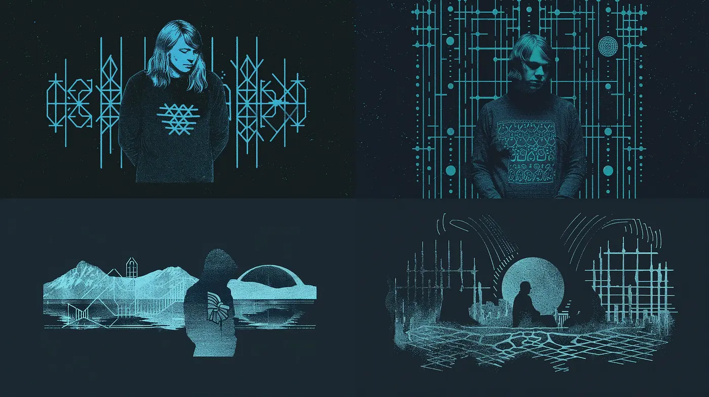 Synthetic Resonance: A Harmonized Blend of Geometric Patterns and Cyan-Teal Overtones - Midjourney sref style
