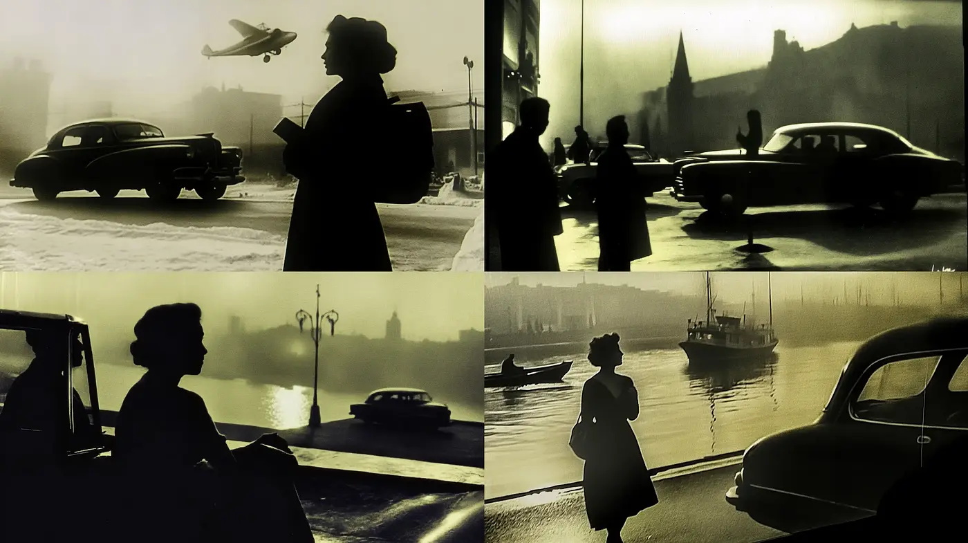 Noir-Inspired Cinematic Silhouettes in Monochromatic Hues - Midjourney sref style