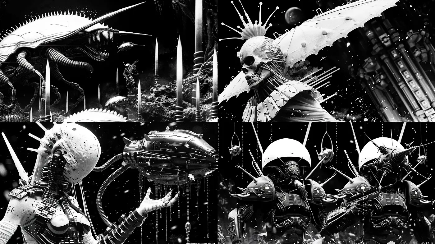 Monochromatic Cybernetic Dreamscape: A Fusion of Organic and Mechanical Aesthetics - Midjourney sref style