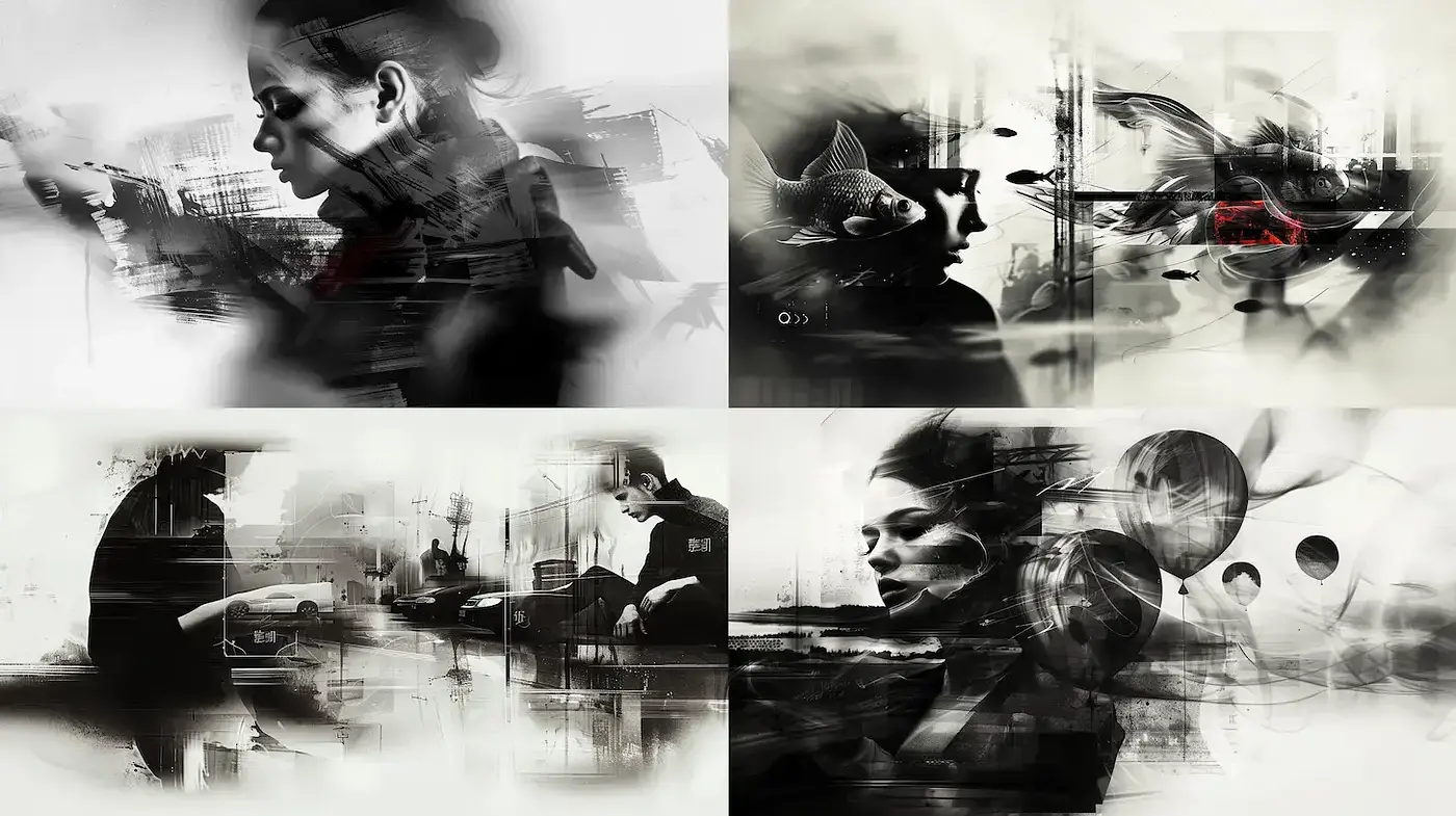 Abstract and Monochromatic Art with Dynamic Motifs and Edgy Aesthetic - Midjourney sref style