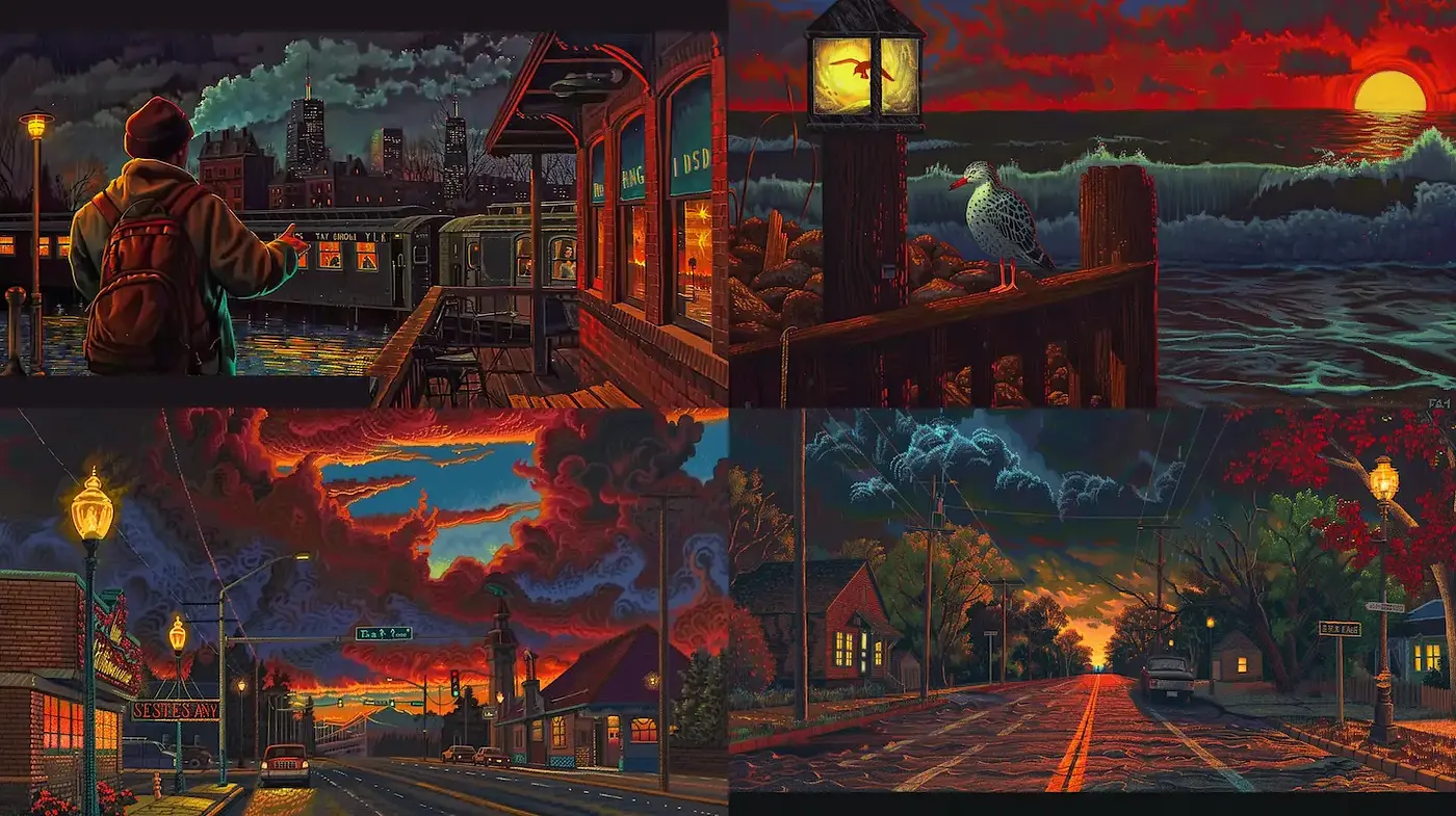 Dynamic Urban and Natural Landscapes with a Nostalgic Touch - Midjourney sref style