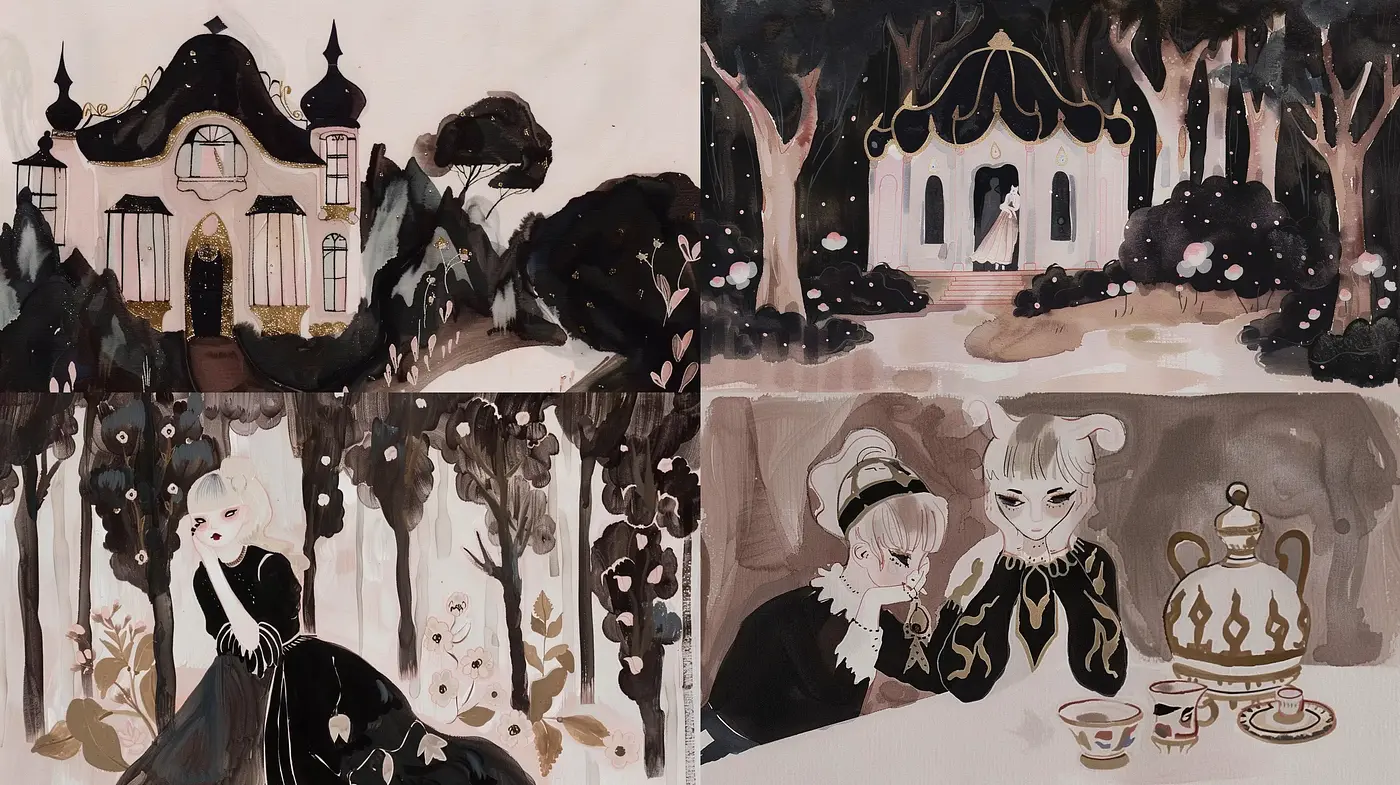 Whimsical Storybook Elegance in Monochrome and Gold - Midjourney sref style