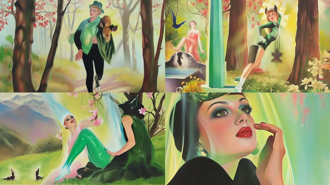 Enchanted Spring: A Vivid Blend of Vintage Glamour and Fantastical Landscapes - Midjourney sref style