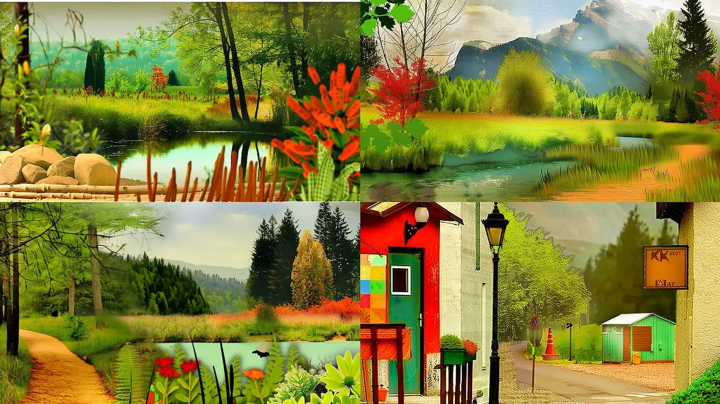 Lush landscapes with vibrant colors merging nature and whimsical architecture - Midjourney sref style