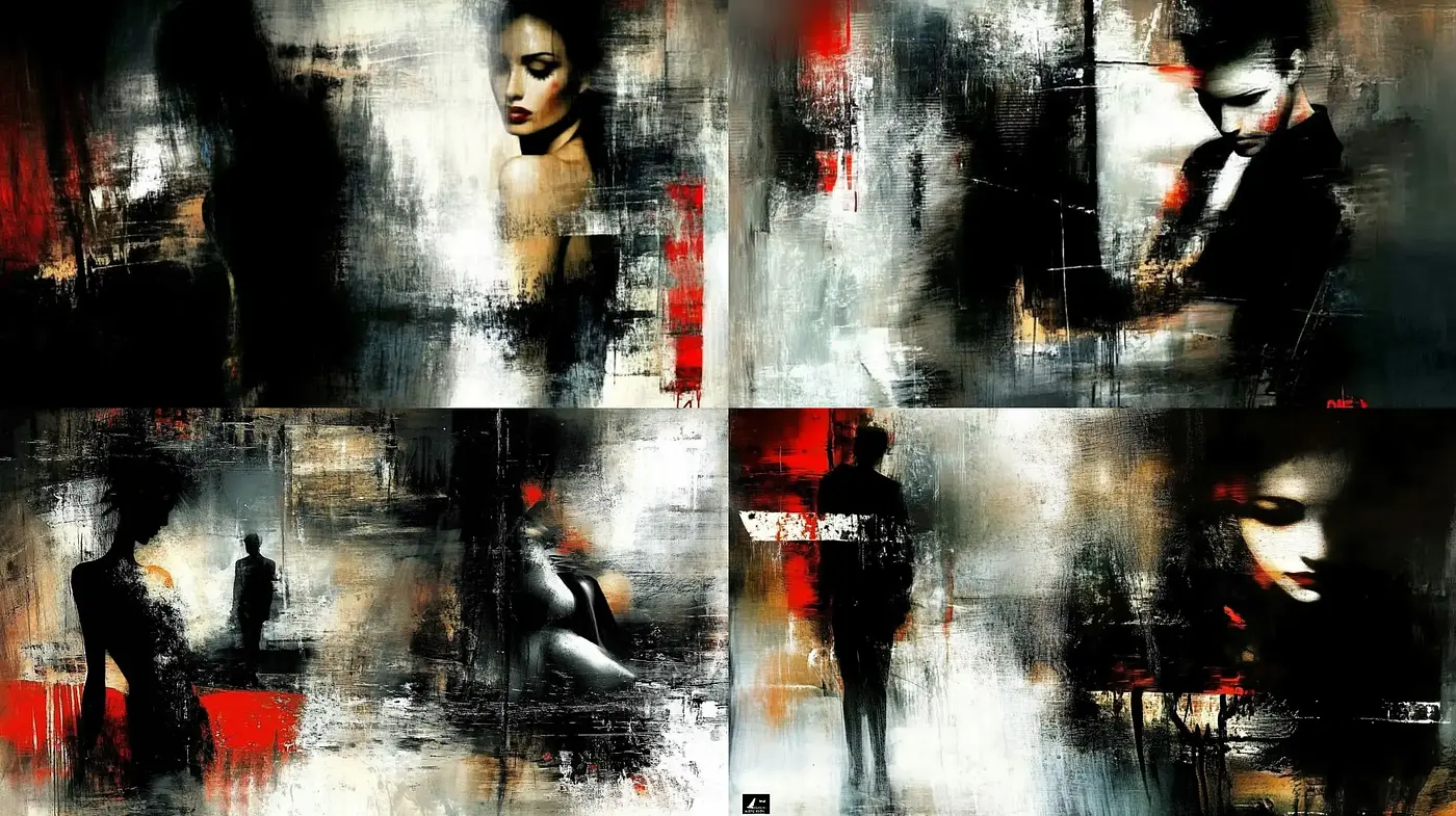 Abstract Noir Fusion: A Convergence of Enigmatic Silhouettes and Stark Chromatics - Midjourney sref style