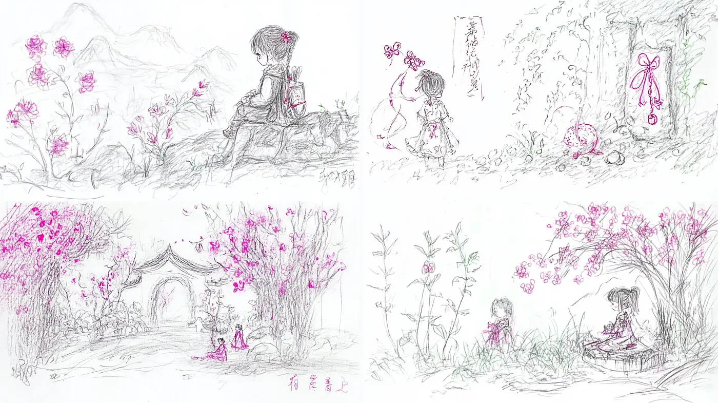 Cherry Blossom Whispers in Sketched Realms - Midjourney sref style