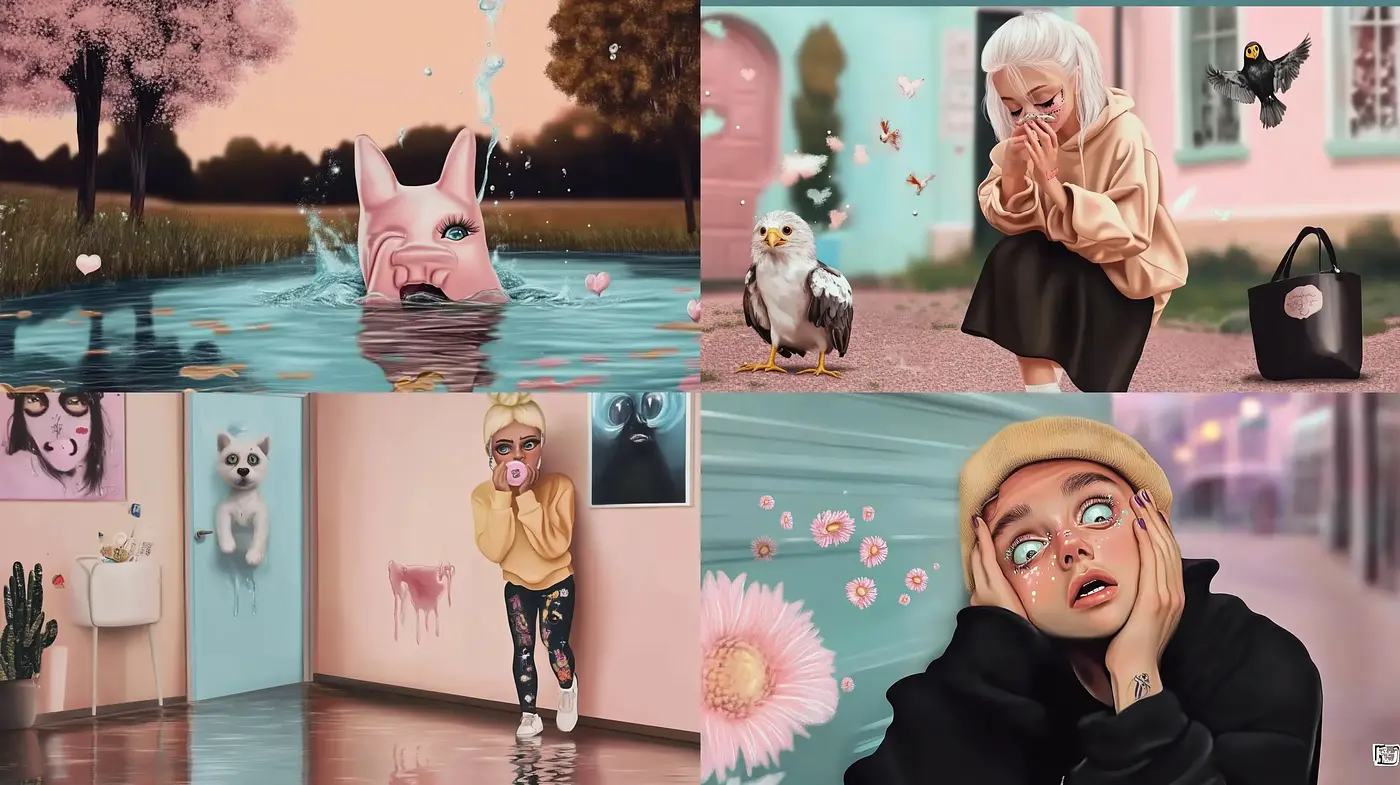 Surreal Pastel Dreamscape with Contemporary Whimsy - Midjourney sref style