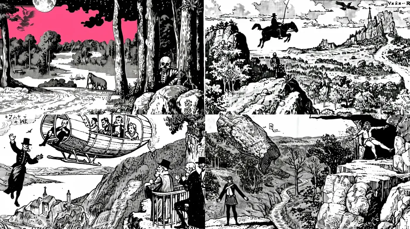 Monochromatic Storybook Engravings with Surreal Overtones - Midjourney sref style
