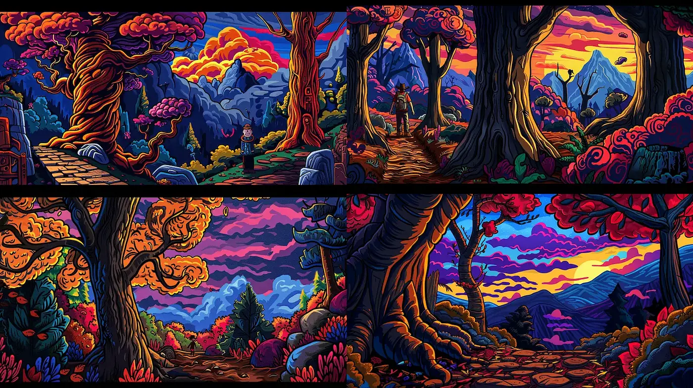 Vibrant and Whimsical Landscape Illustrations with Consistent Elements - Midjourney sref style