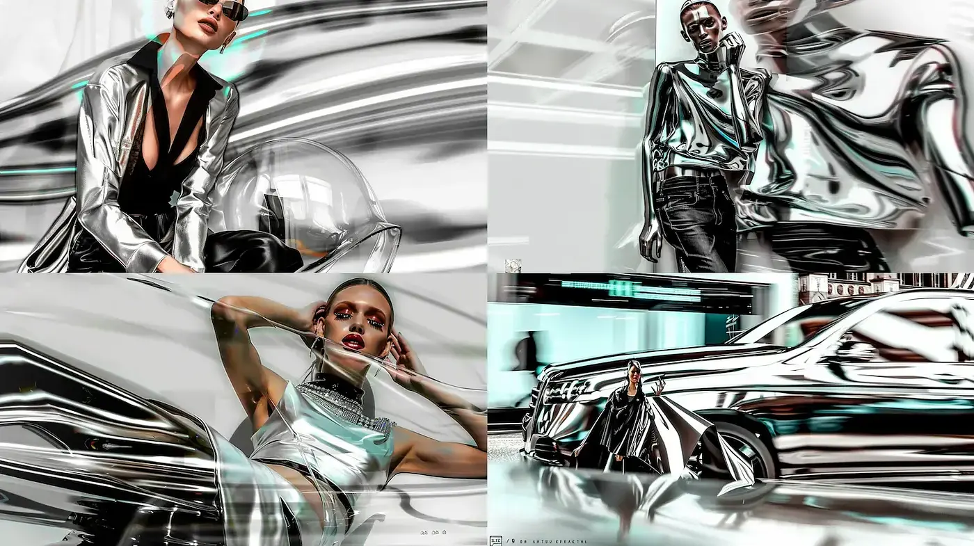 Futuristic Fashion with Fluid Dynamics and Metallic Textures - Midjourney sref style