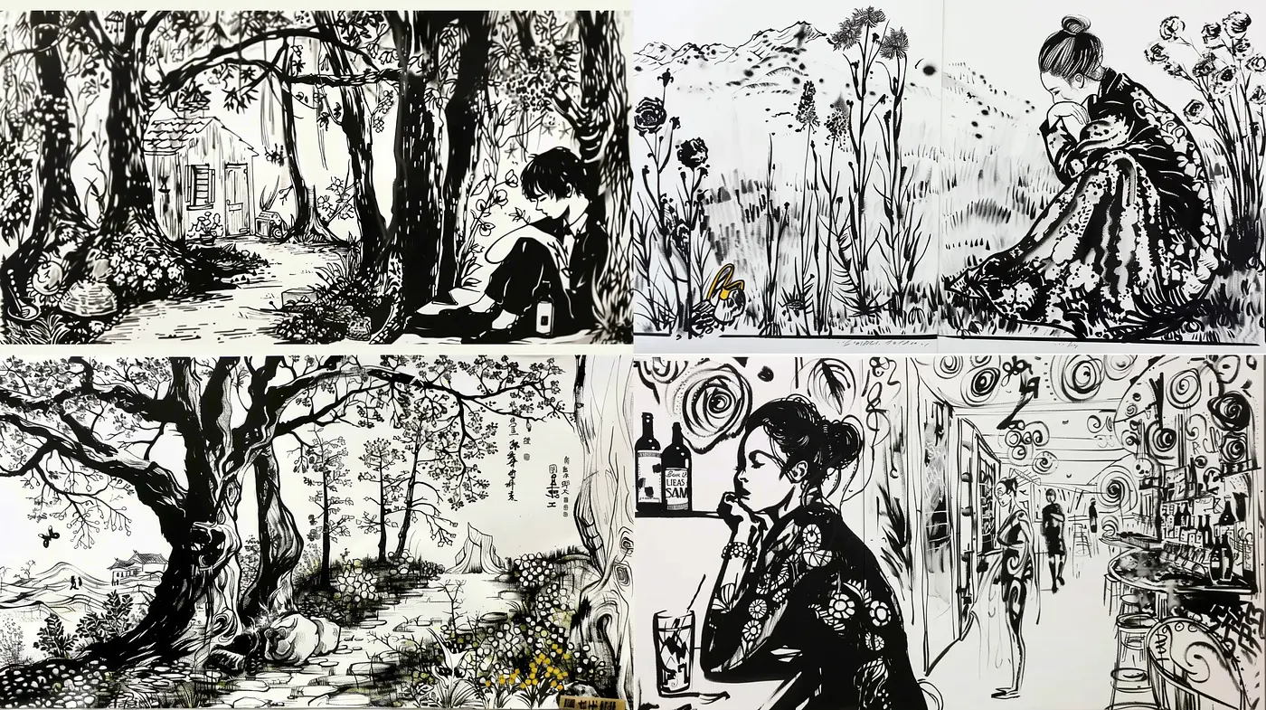 Monochrome Whimsy: Stylized Ink Illustrations with a Timeless Narrative - Midjourney sref style