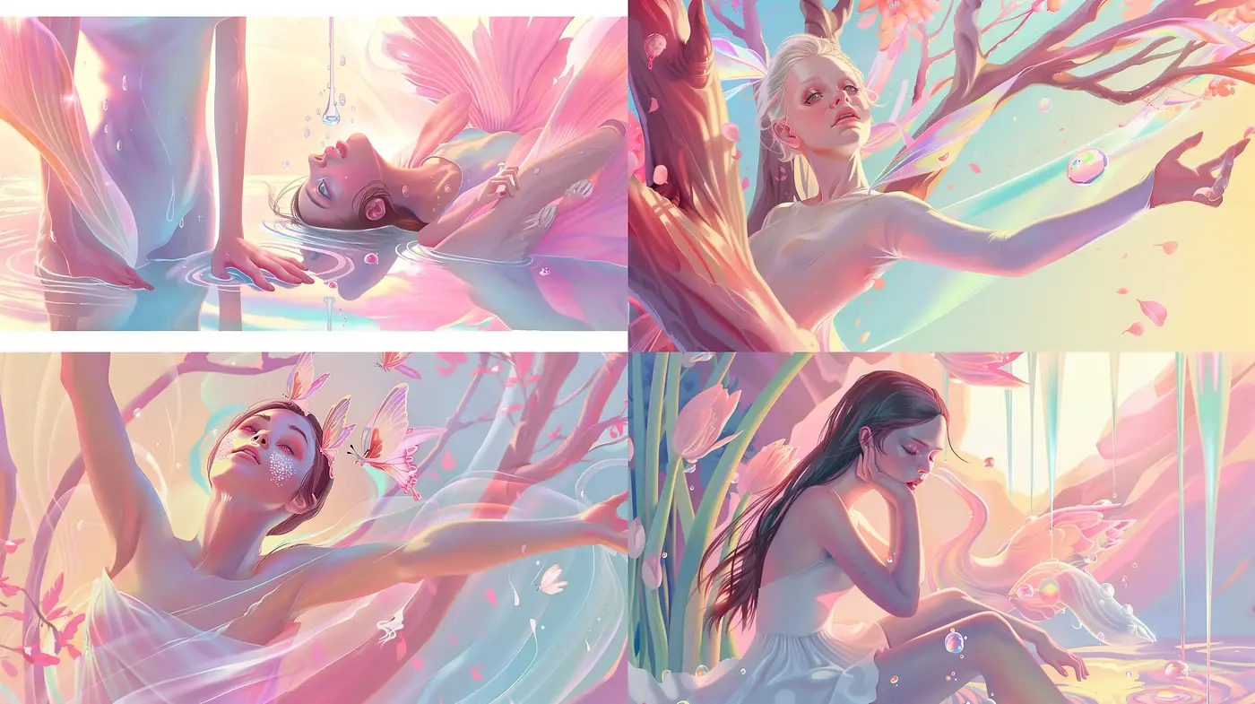 Ethereal Dreamscapes: A Serene Harmony of Pastel Hues and Fluid Forms - Midjourney sref style