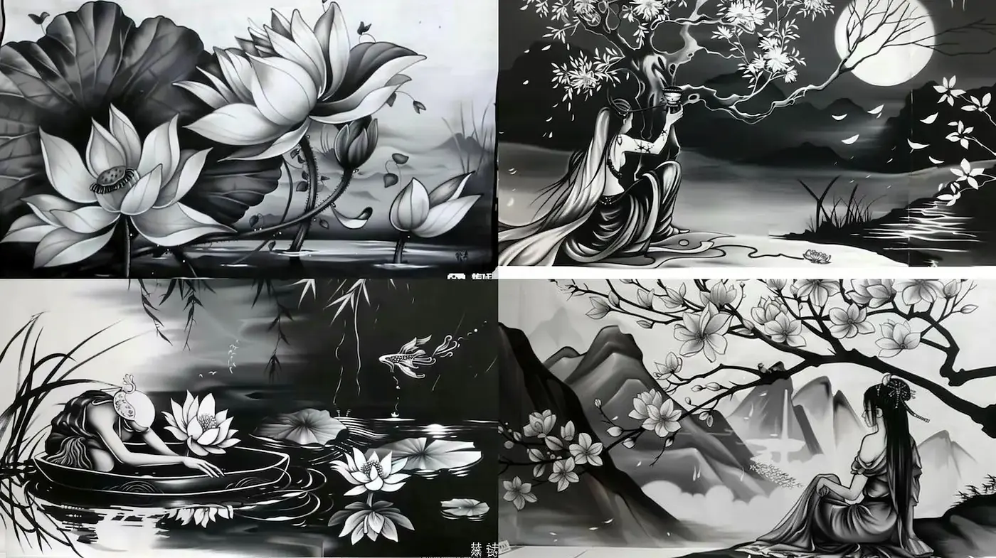 Elegant and Serene Black and White Artistry with Fluid Lines - Midjourney sref style
