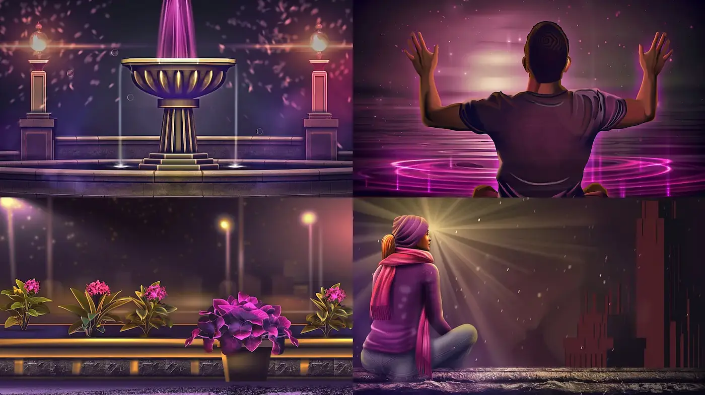 Cinematic and dreamy urban atmosphere with rich textures and vibrant elements - Midjourney sref style