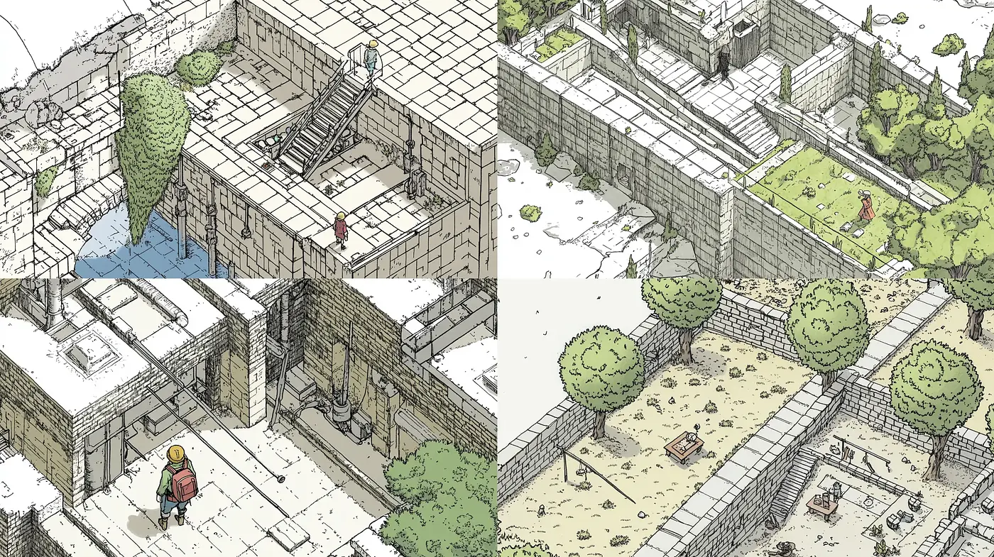 Intricate Isometric Labyrinth: A Study in Detailed Architectural Visualization - Midjourney sref style