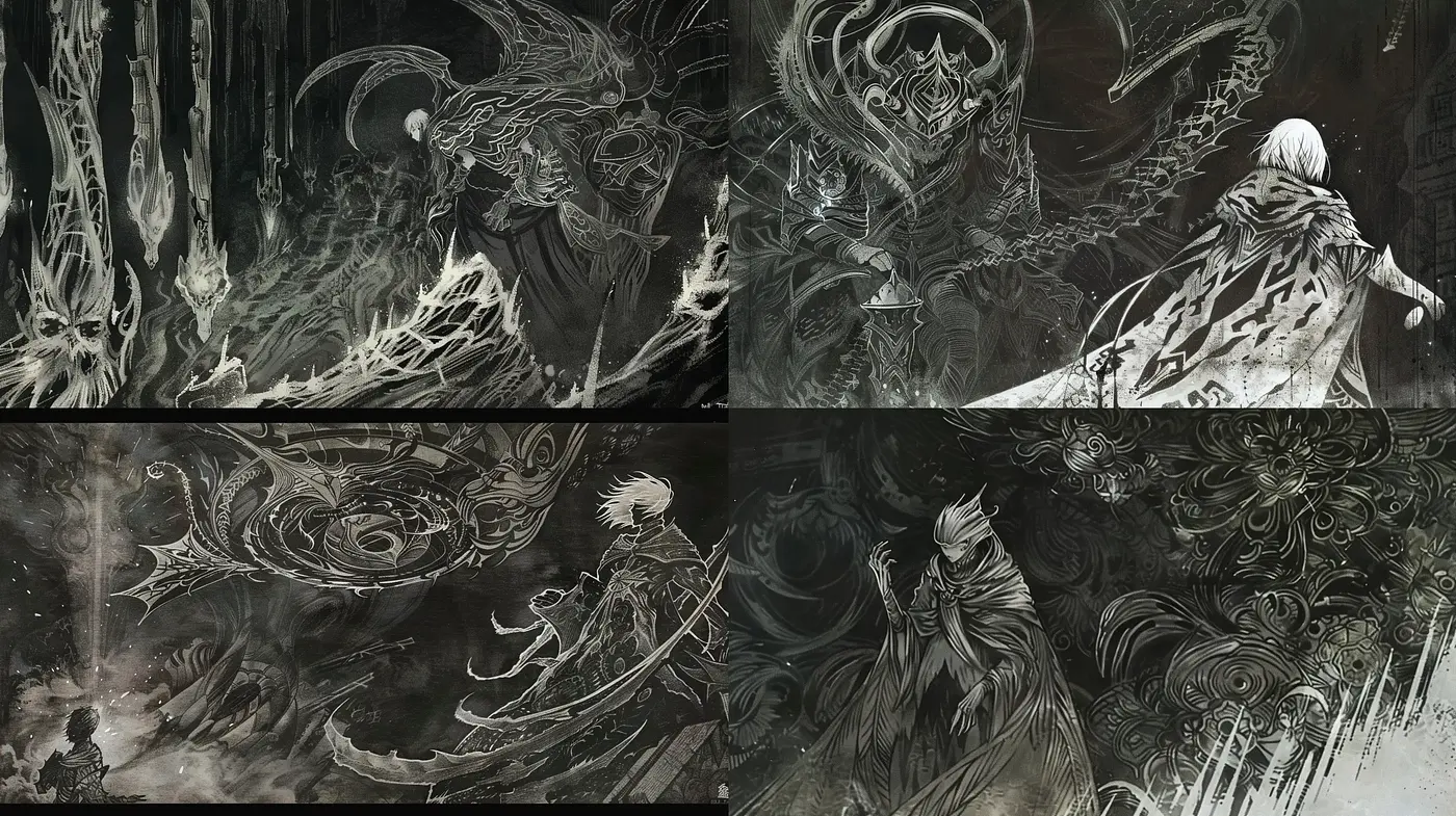Ethereal Monochrome Whirls: A Dance of Dark Intricacy and Elegance - Midjourney sref style