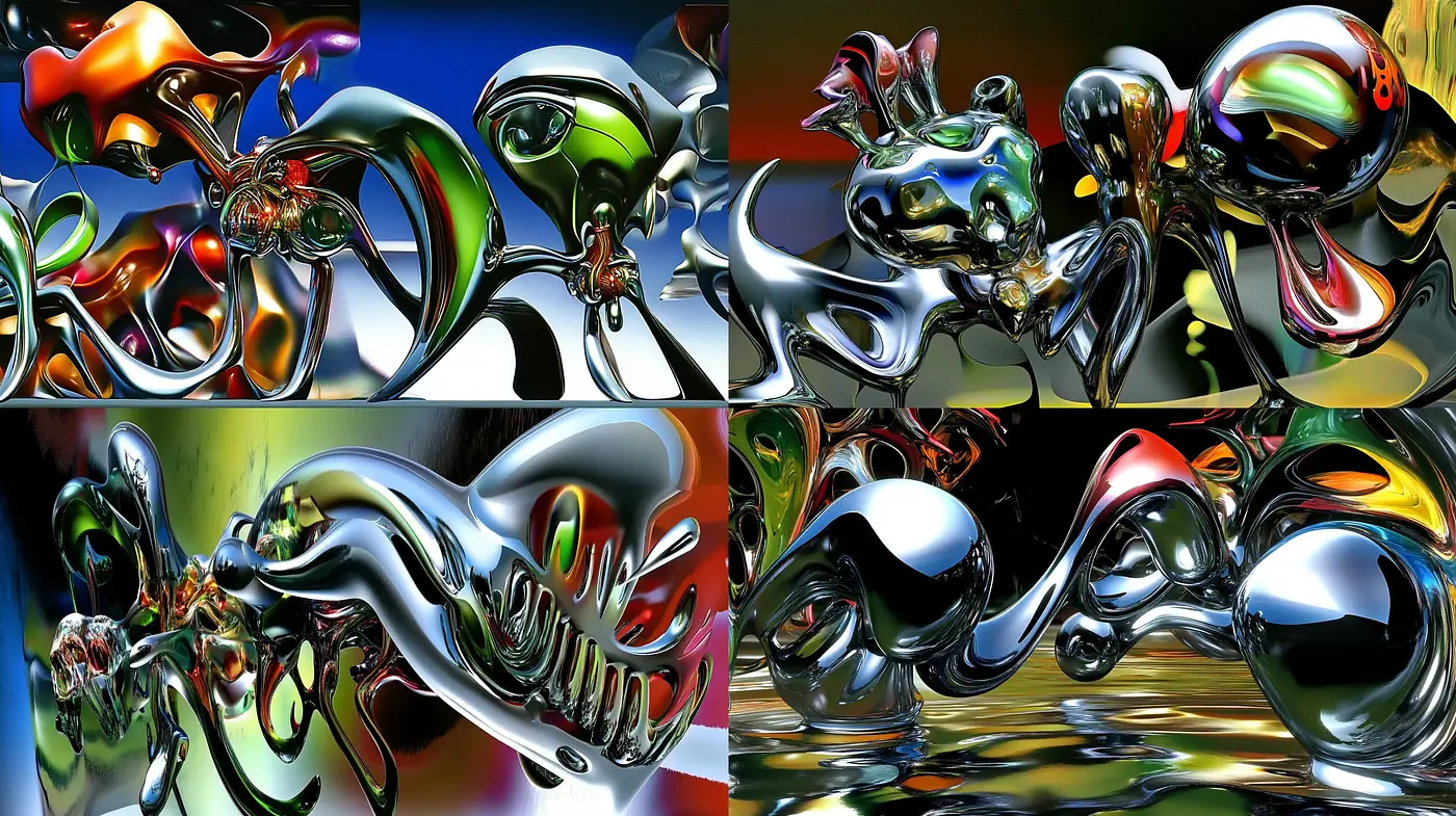 Futuristic Metallic Gloss: A Symphony of Chrome and Fluid Reflections - Midjourney sref style