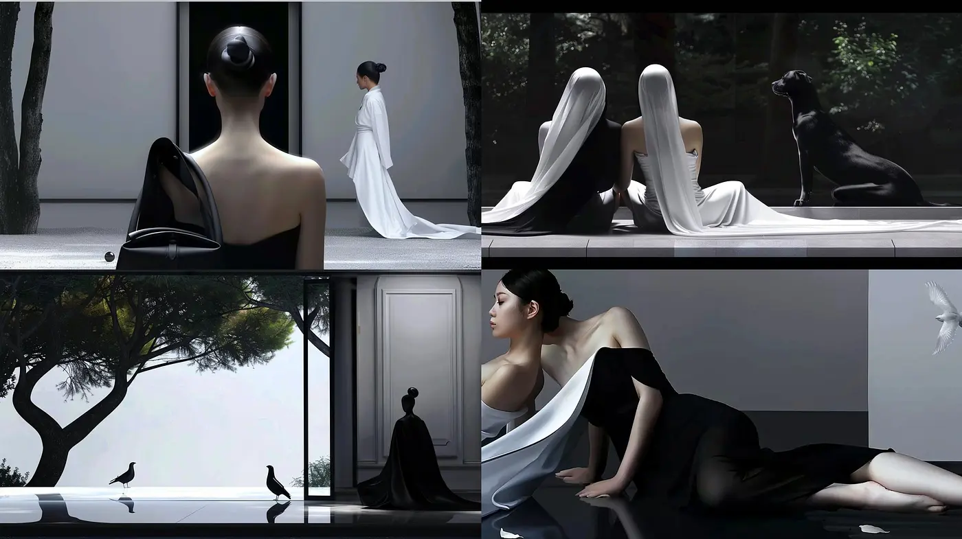 Monochromatic Elegance: A Study of Serenity in Black and White - Midjourney sref style