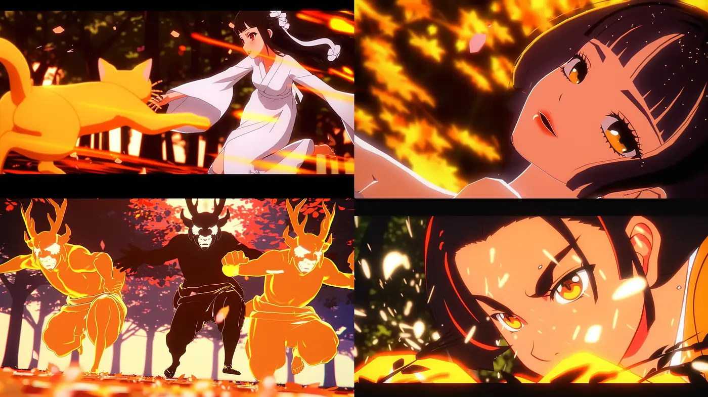 Ethereal Ember Hues in Dynamic Anime-Inspired Illustrations - Midjourney sref style