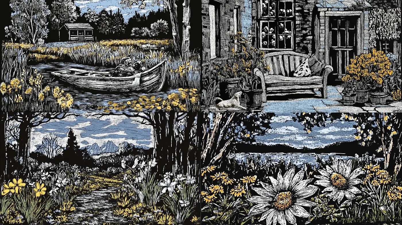 Monochromatic Nature Scenes with Vibrant Floral Highlights - Midjourney sref style