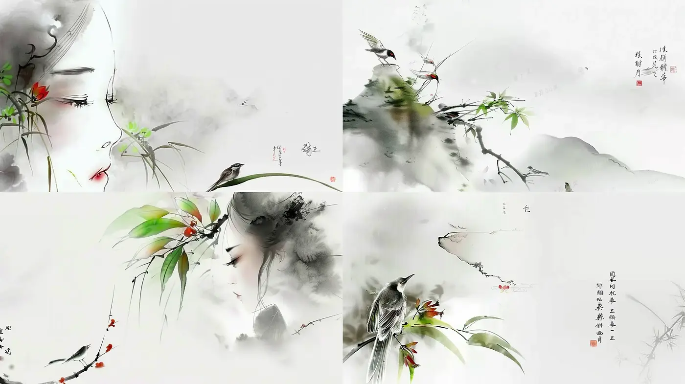 Ethereal Ink-Washed Dreamscapes Fusing Traditional Asian Aesthetics - Midjourney sref style