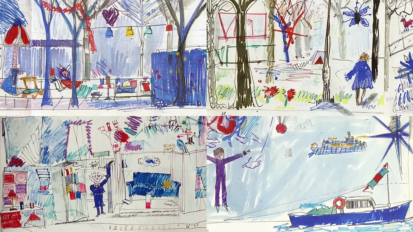 Playful and Vibrant Children's Illustration Style with Scribbled Aesthetic - Midjourney sref style
