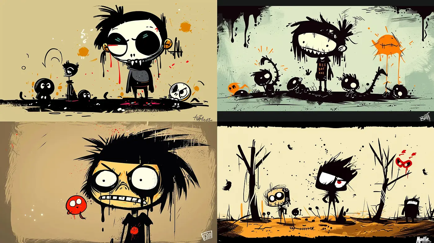 Whimsical Gothic Cartoonesque Fusion with a Dark Humorous Undertone - Midjourney sref style