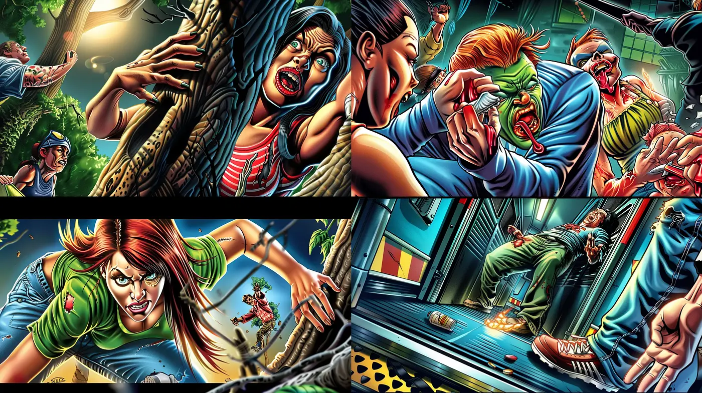Dynamic Comic Book Vigor: A Fusion of High-Contrast Colors and Expressive Line Art - Midjourney sref style