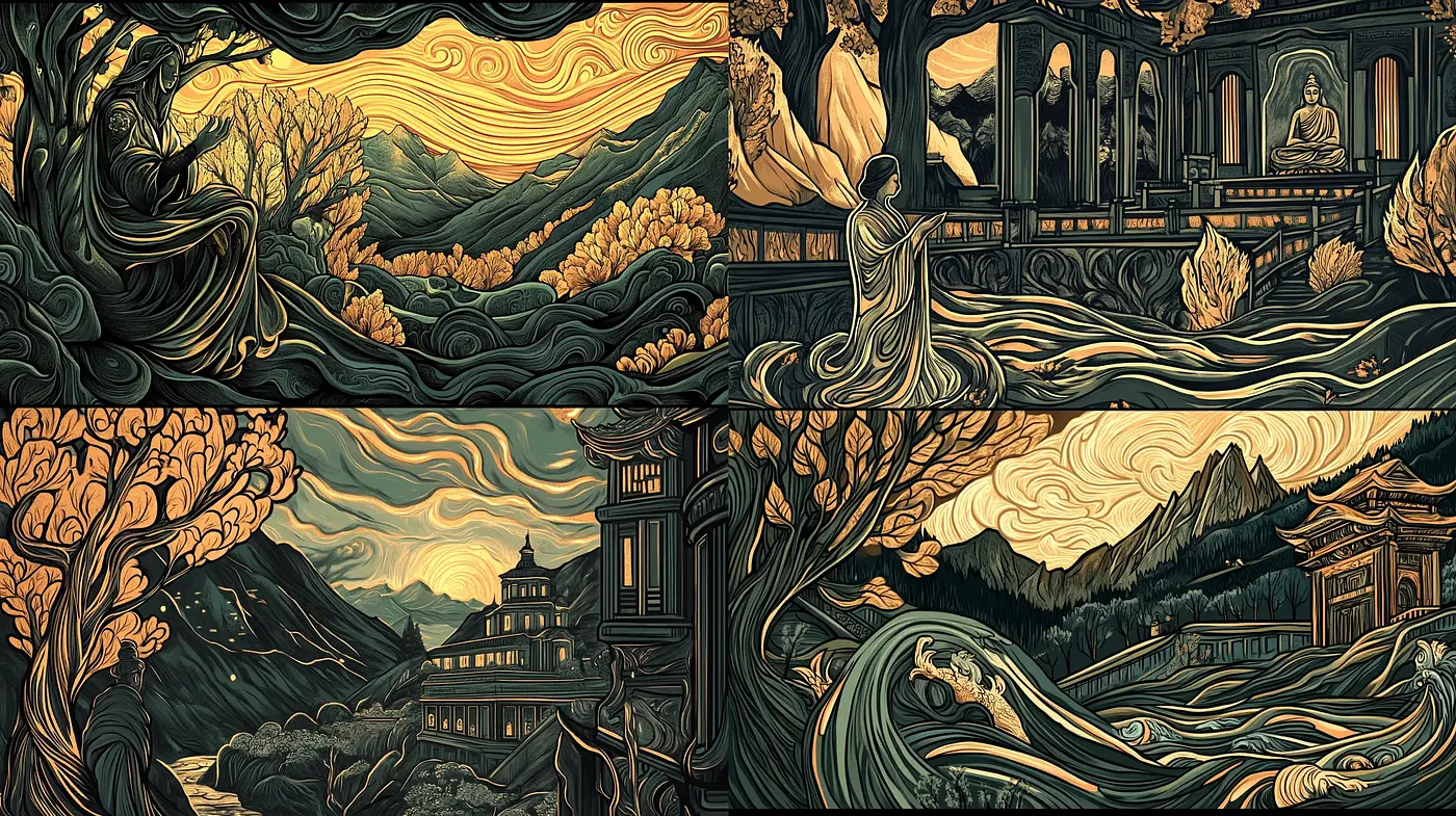 Stylized Nature-Inspired Panoramic Vistas in Earthy Tones - Midjourney sref style