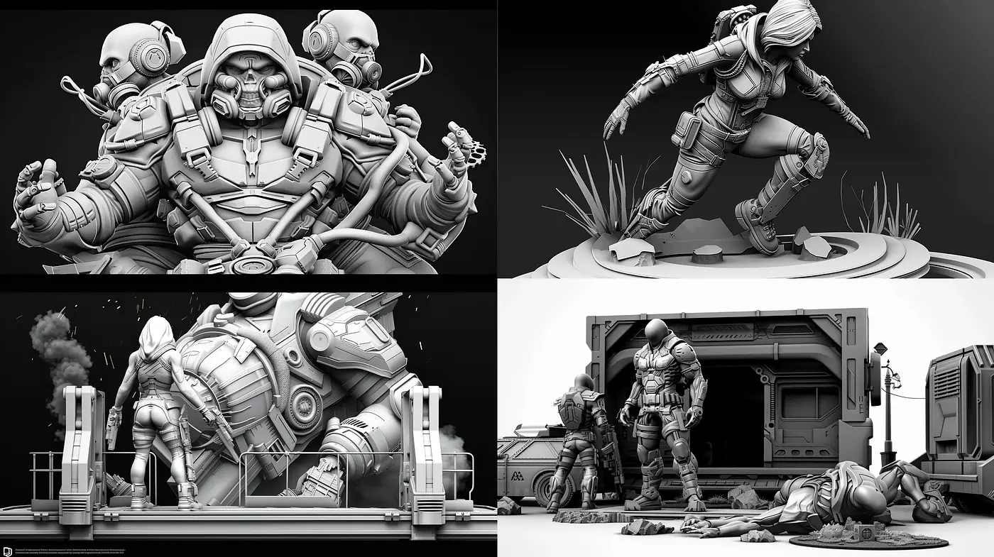Monochromatic Futuristic Combat Scenes with Sculptural Depth - Midjourney sref style