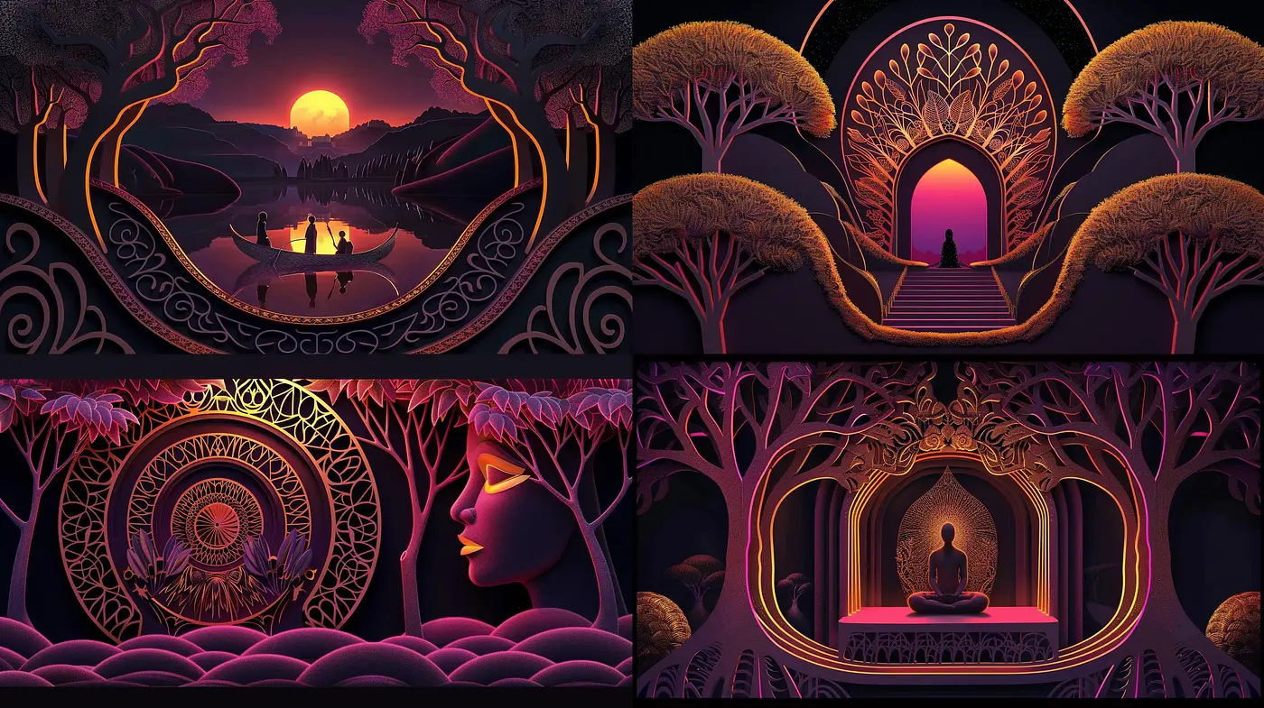 Surreal Twilight Arboreal Sanctuaries with Art Nouveau Undertones - Midjourney sref style