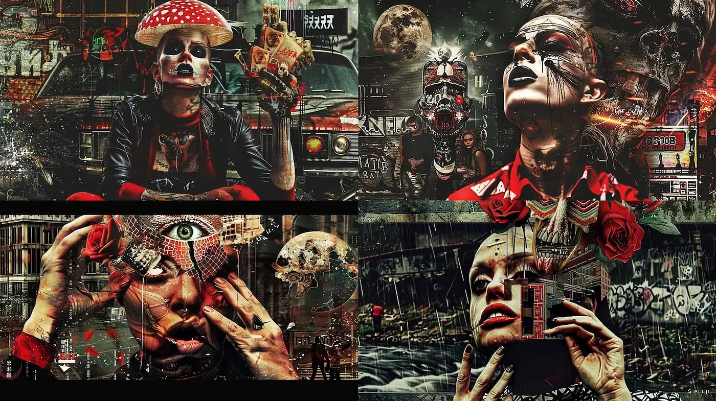 Intricate and bold urban surrealism with a dark, mystical edge - Midjourney sref style