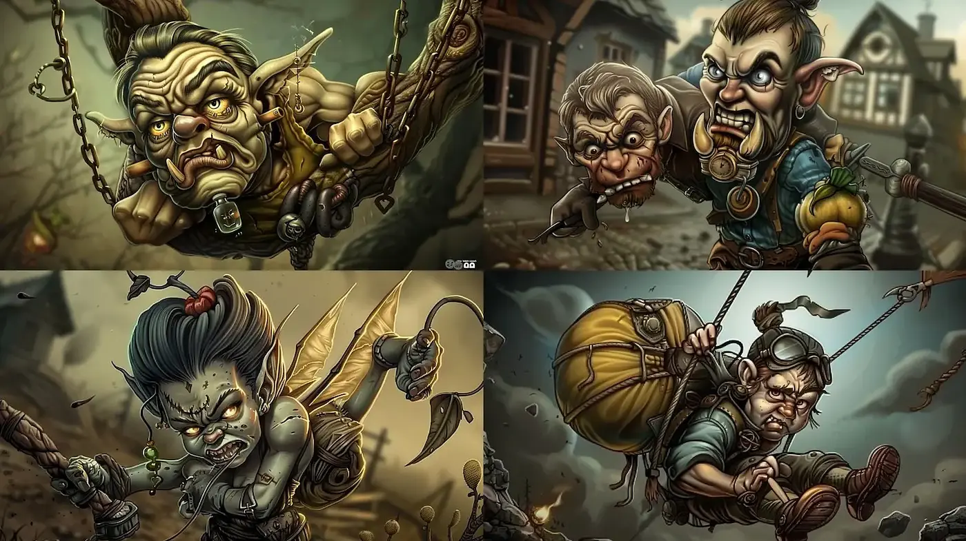Whimsical and Exaggerated Fantasy Characters with a Darkly Humorous Undertone - Midjourney sref style