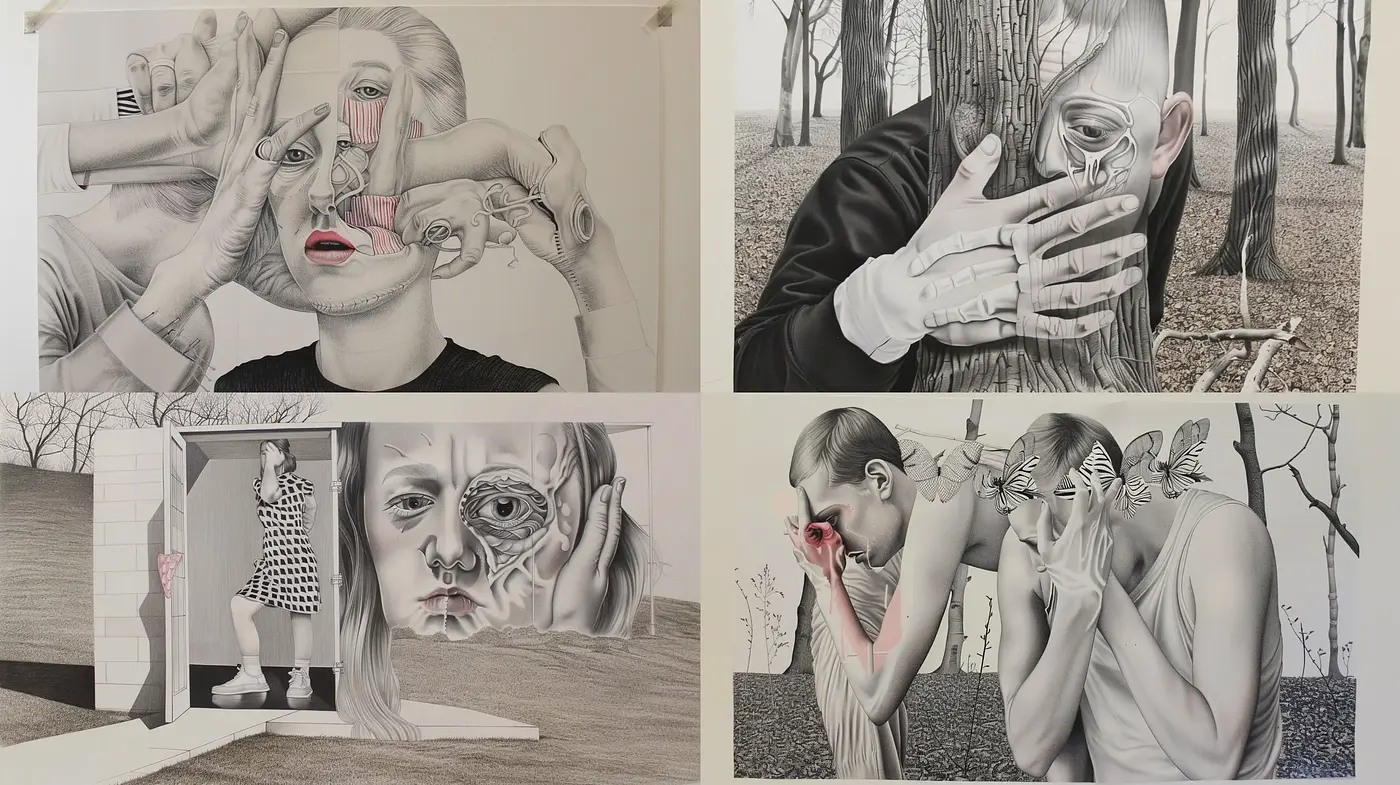 Monochromatic Surrealism with Distorted Human Forms - Midjourney sref style
