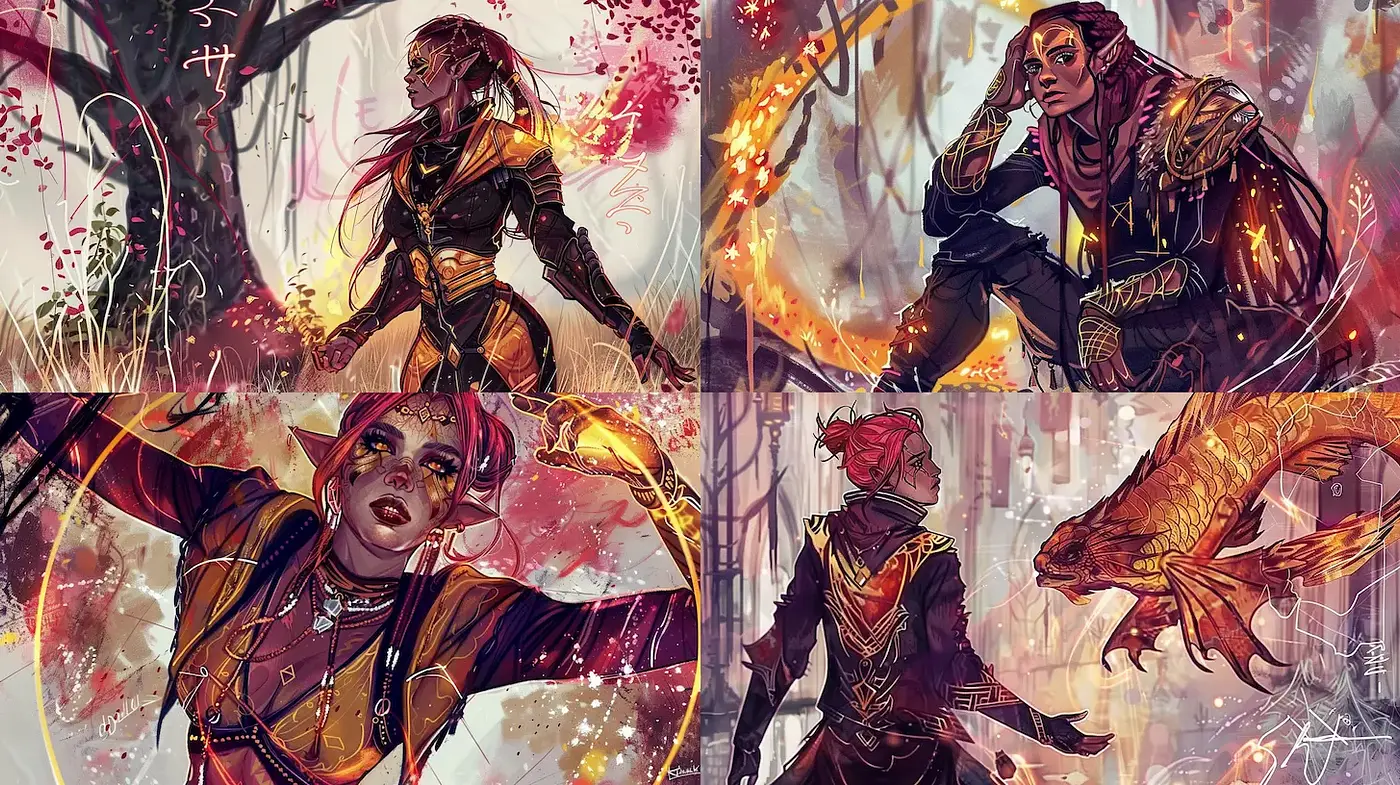 Dynamic and expressive fantasy character illustrations with a mythical twist - Midjourney sref style