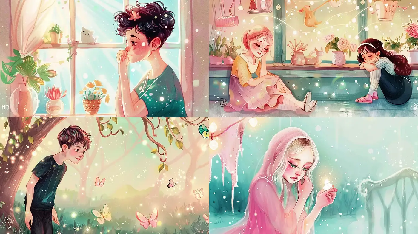 Dreamlike Whimsy in Pastel: A Serene and Youthful Artistic Exploration - Midjourney sref style
