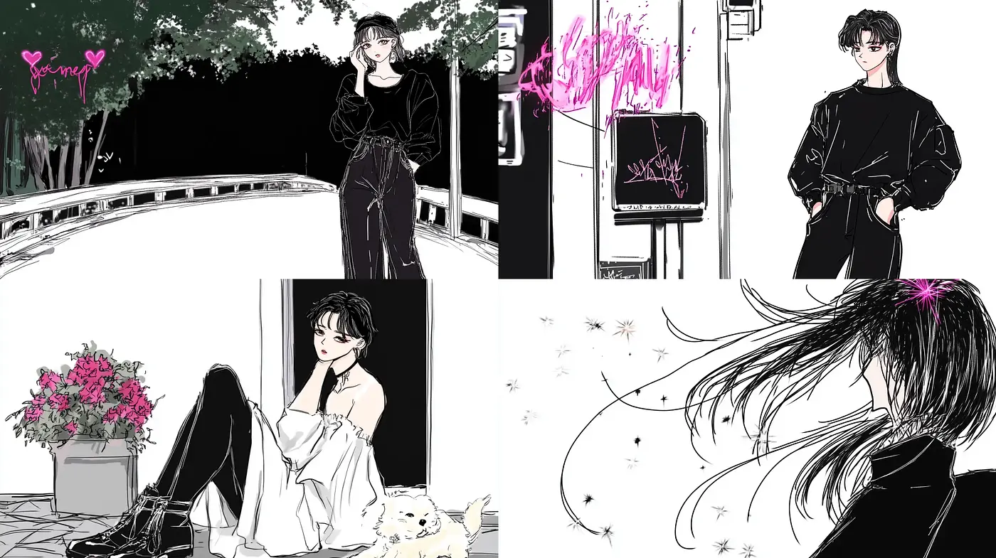 Monochromatic Elegance Infused with Vibrant Accents Inspired by Contemporary Manga Art - Midjourney sref style
