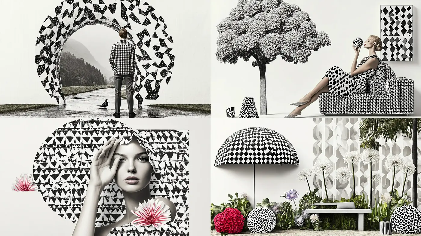 Monochrome Elegance with Surrealist Patterns and Textural Contrast - Midjourney sref style