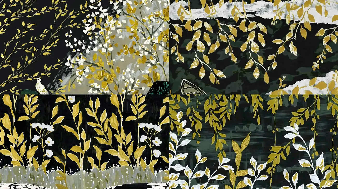 Abstract Botanical Tapestry: A Study in Monochrome with Gold Accents - Midjourney sref style