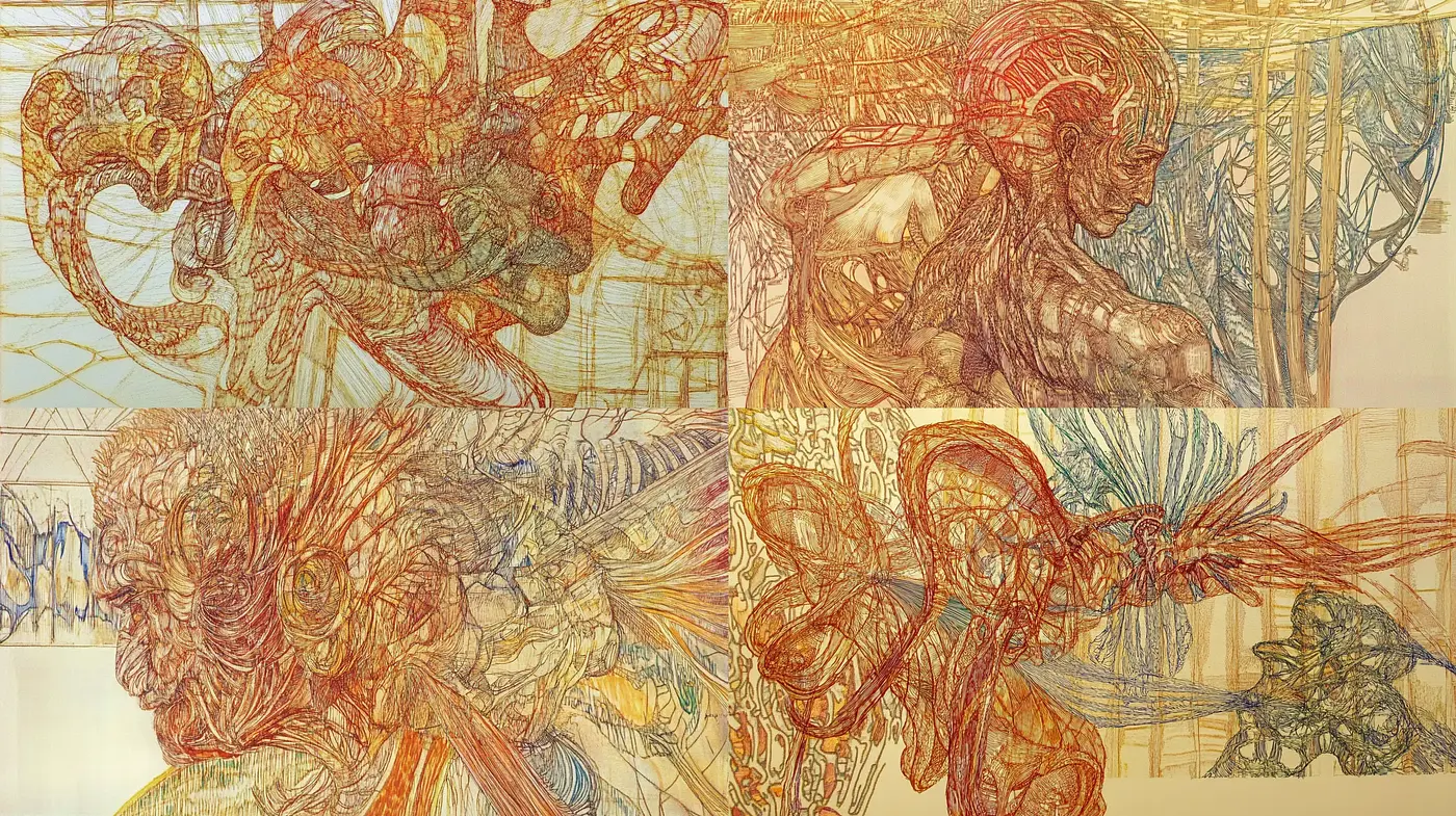 Labyrinthine Hues of Mythic Lore: A Crosshatching Odyssey - Midjourney sref style